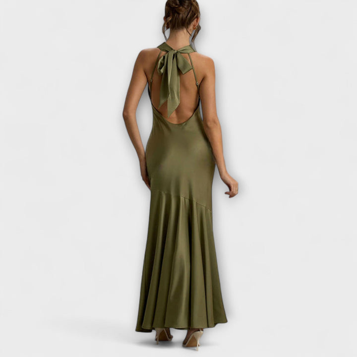 Lennon - Elegante vestido maxilargo de satén en verde oliva