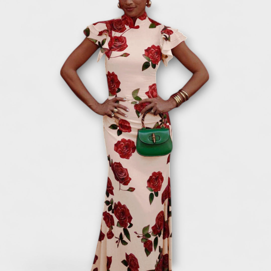 Luna - Vestido Maxí Rosa con Estampado de Rosas