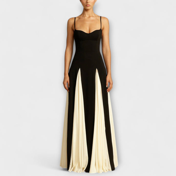 Ember - Vestido maxi A-line negro y crema con tul