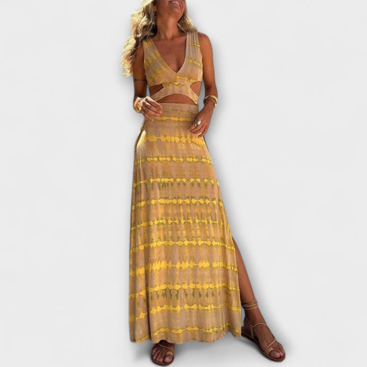 Ella - Vestido largo de tie-dye amarillo con corte lateral