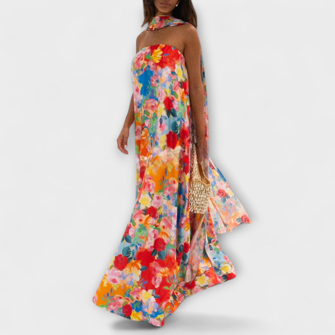 Harlow - Vestido maxí colorido off-shoulder con estampado de flores