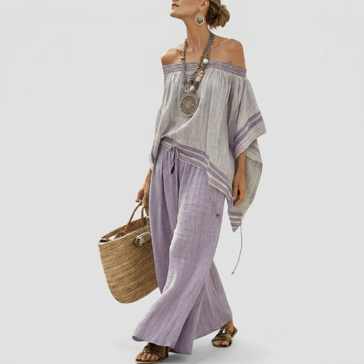 Natália - Conjunto bohemio gris Bardot con pantalones morados