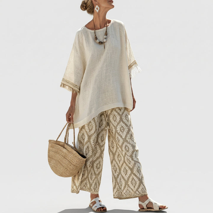 Eduarda - Conjunto elegante Boho-Chic en color crema con patrón Ikat