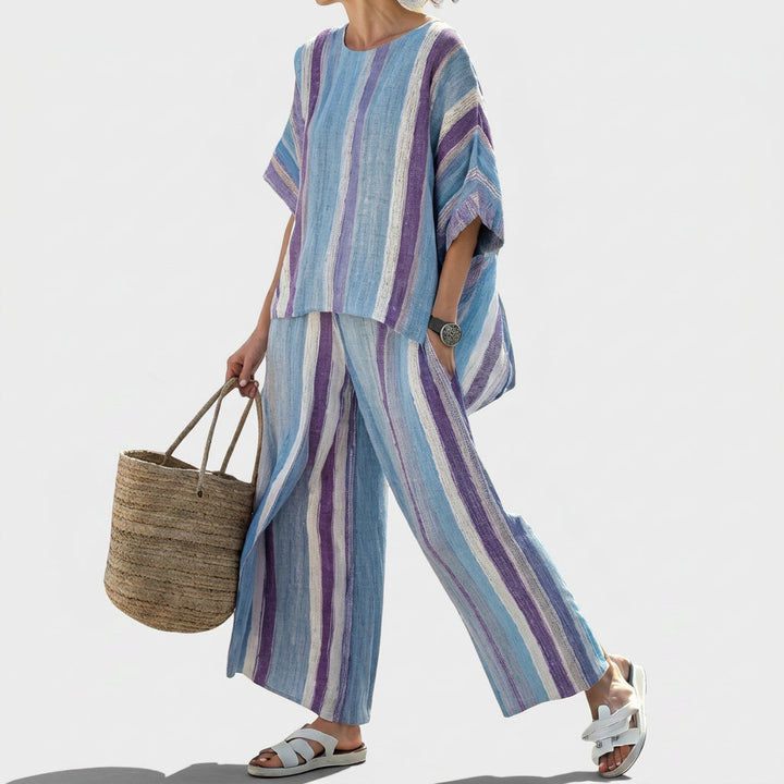 Laura - Conjunto de lino a rayas azul y lila