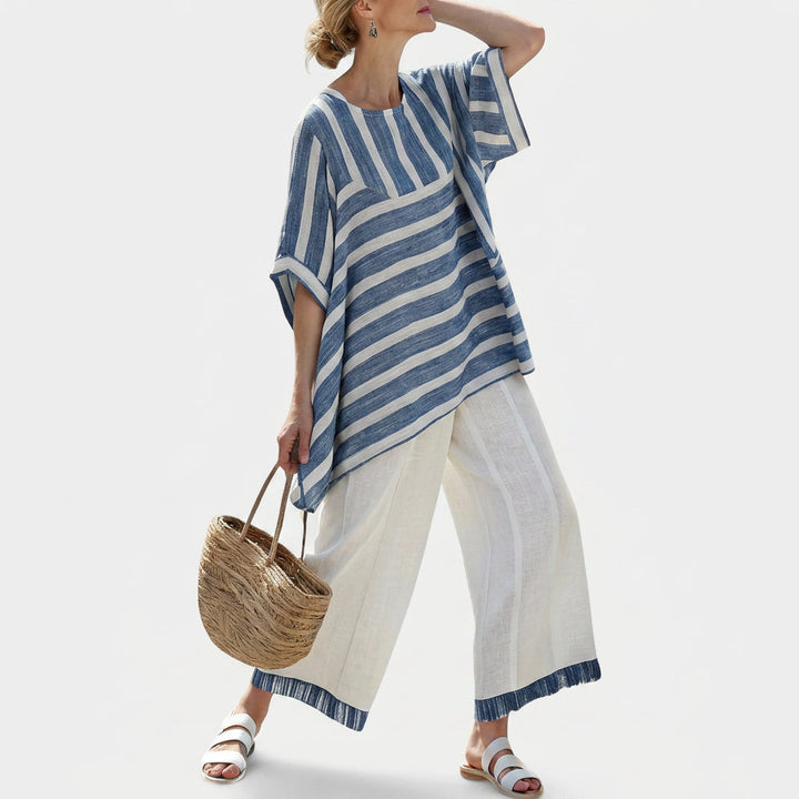 Constança - Conjunto de lino mediterráneo en azul y blanco con rayas