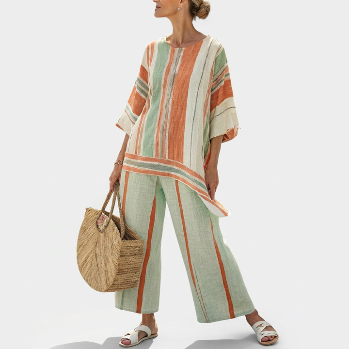 Dalila - Conjunto de lino color crema con rayas naranjas
