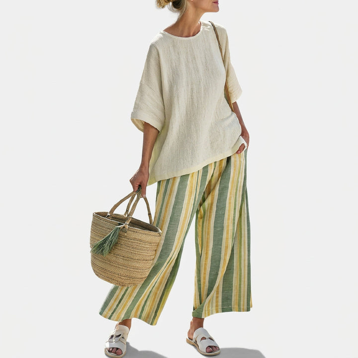 Olívia - Conjunto de lino de bambú en verde oliva con rayas