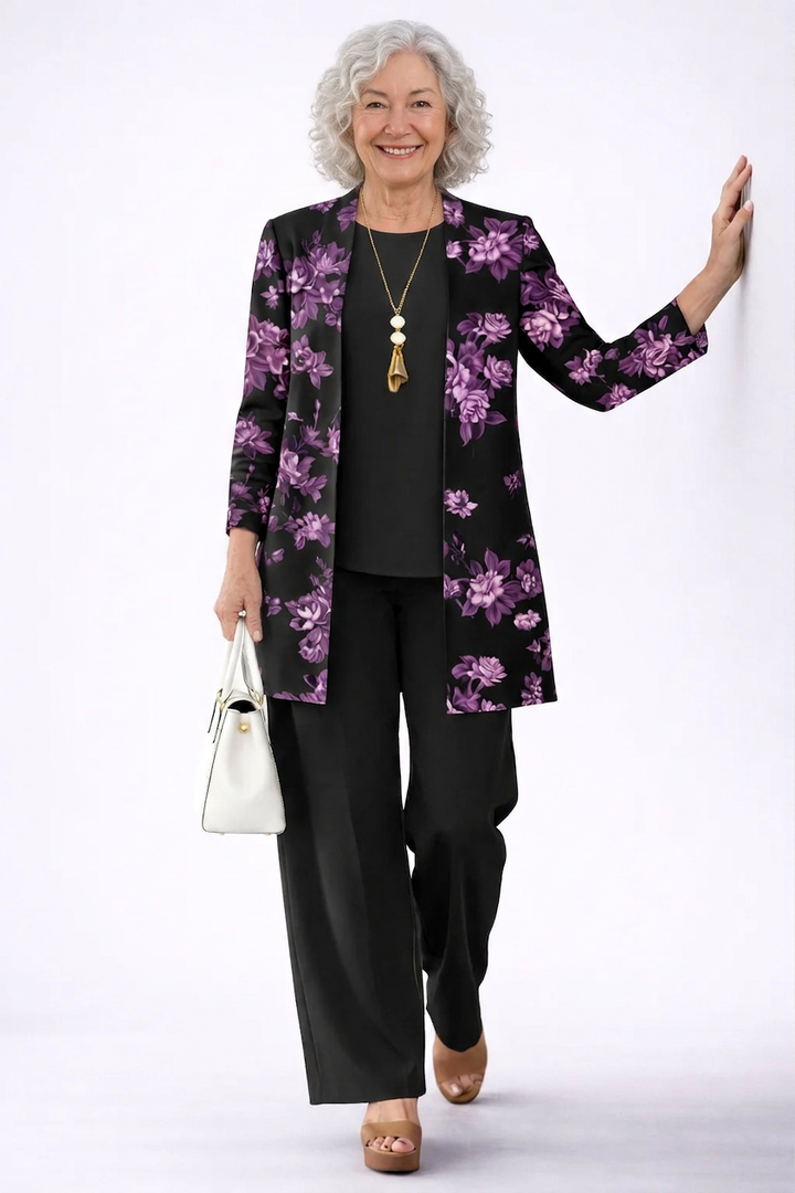 Evie - Conjunto de tres piezas con estampado morado y negro