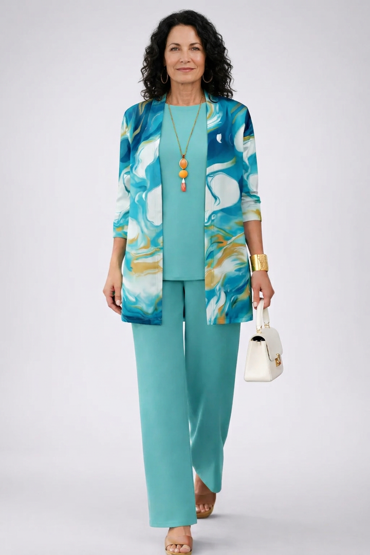 Verano - Conjunto de tres piezas con cárdigan estampado turquesa