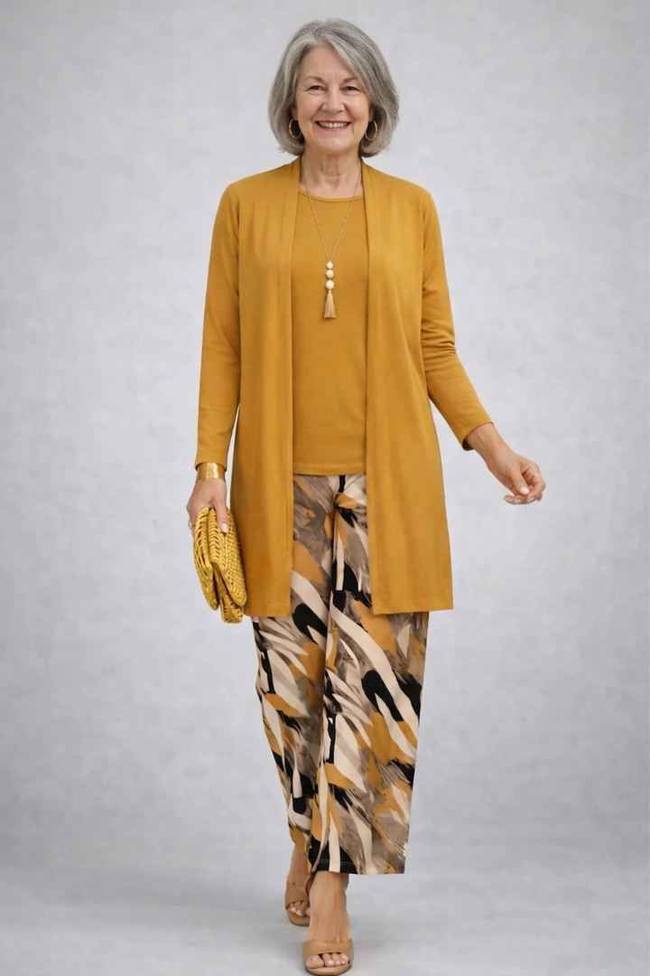 Ivy - Conjunto de tres piezas con cárdigan estampado amarillo