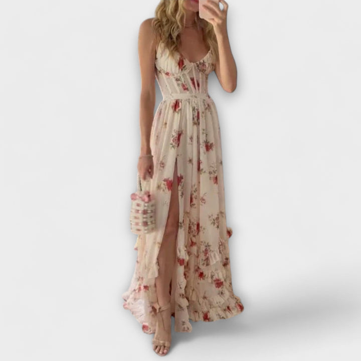 Hazel - Vestido maxi color crema con estampado floral
