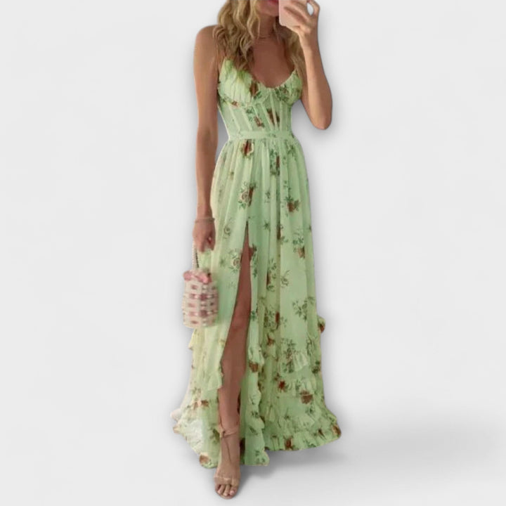 Hazel - Vestido maxi color crema con estampado floral