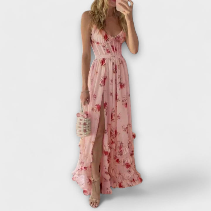 Hazel - Vestido maxi color crema con estampado floral