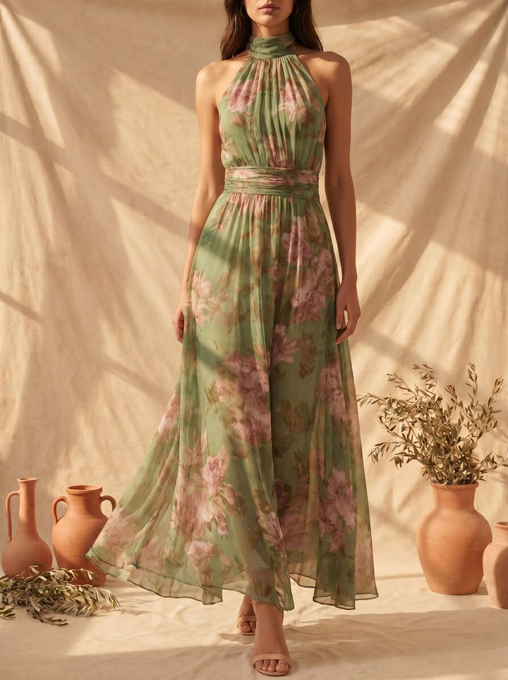 Lidia - Elegante vestido maxi halter con estampado floral
