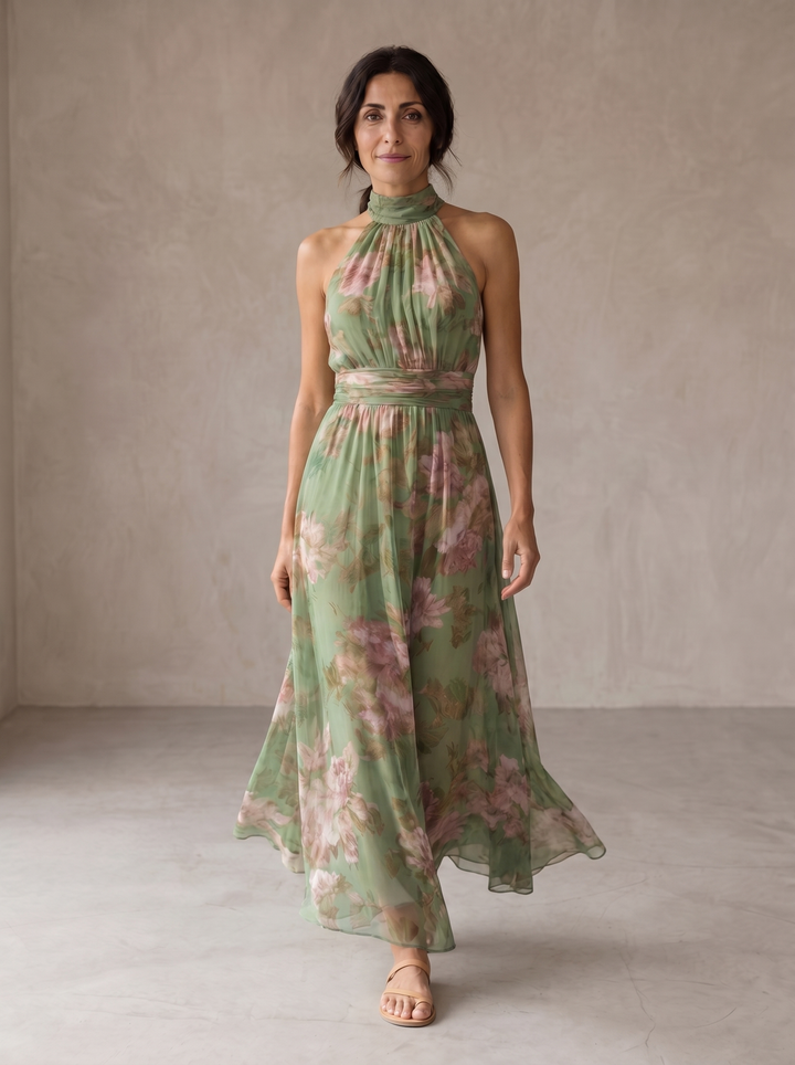 Lidia - Elegante vestido maxi halter con estampado floral