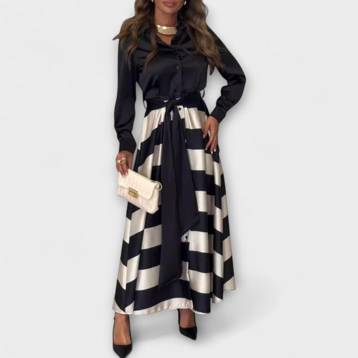 Hedda - Vestido de camisa a rayas burdeos con cinturón