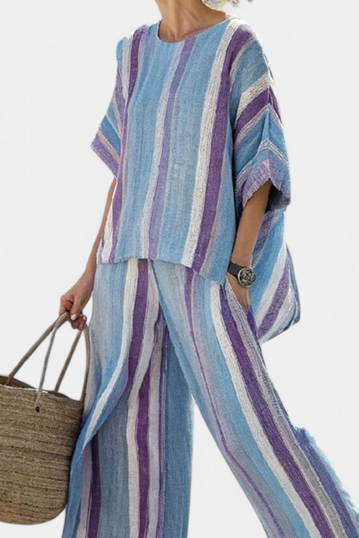 Laura - Conjunto de lino a rayas azul y lila