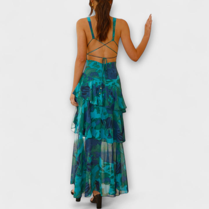 Domenica - Vestido de gasa azul-verde con capas