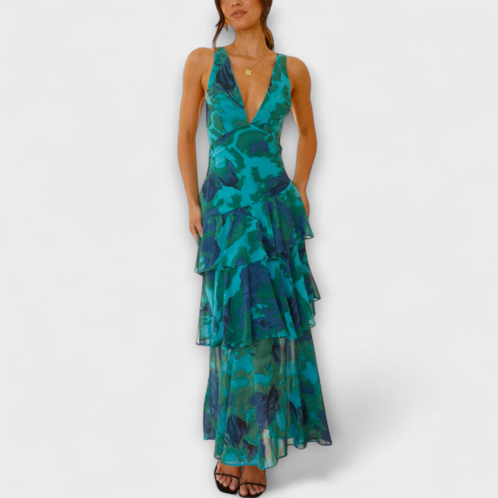 Domenica - Vestido de gasa azul-verde con capas