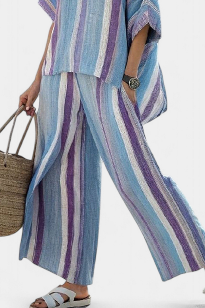 Laura - Conjunto de lino a rayas azul y lila