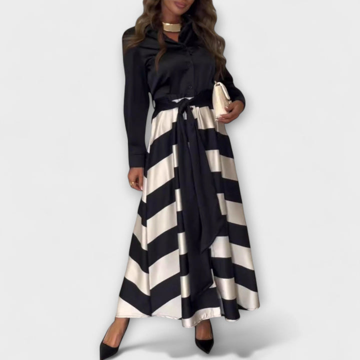 Hedda - Vestido de camisa a rayas burdeos con cinturón