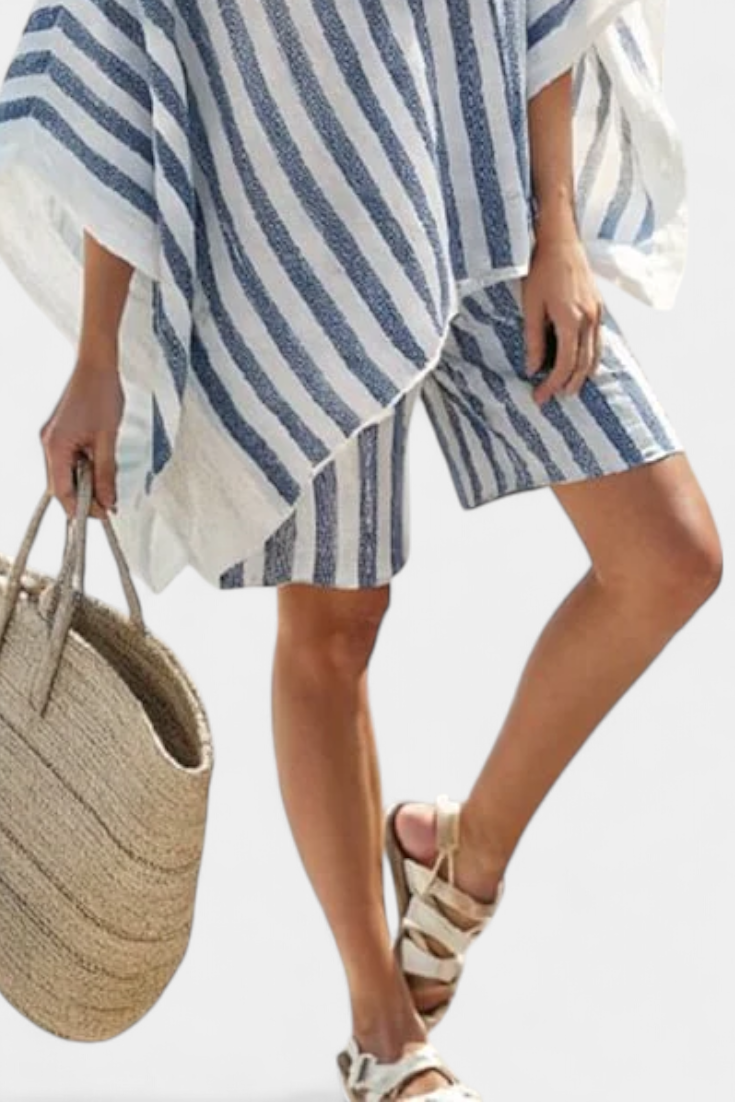 Salomé - Conjunto de blusa y pantalones cortos a rayas azul y blanco