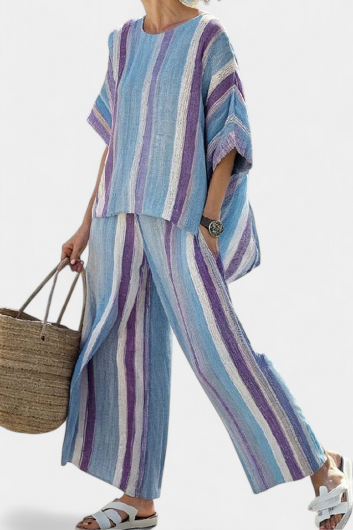 Laura - Conjunto de lino a rayas azul y lila