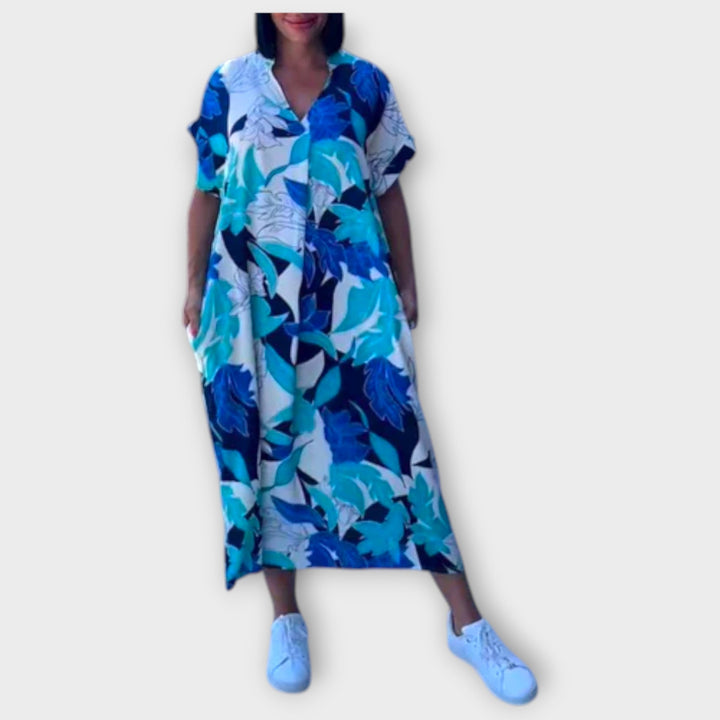 Elena - Vestido elegante de flores en azul y verde