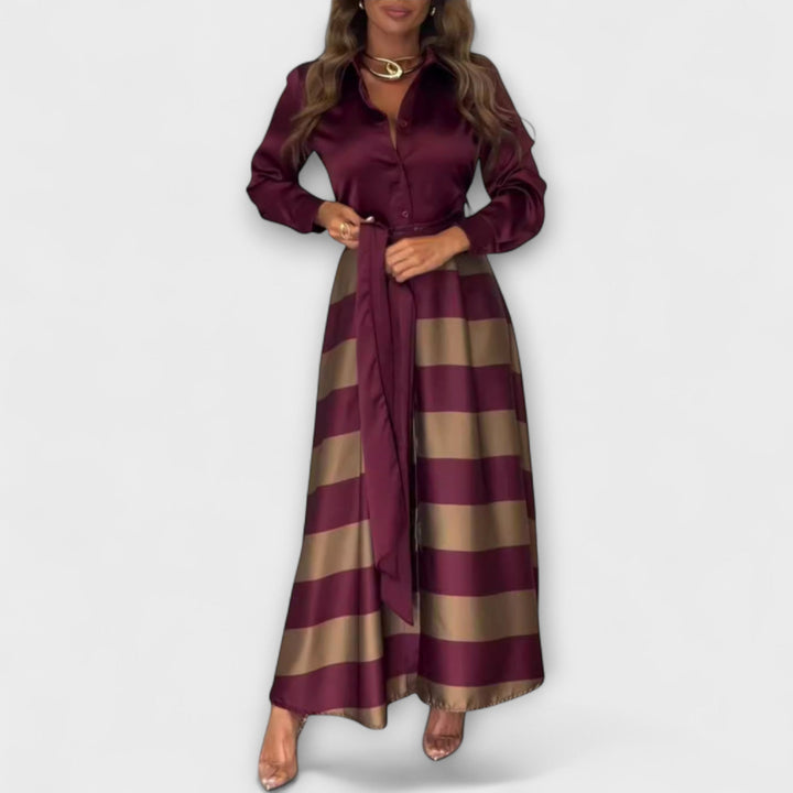 Hedda - Vestido de camisa a rayas burdeos con cinturón