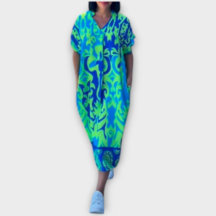 Elena - Vestido elegante de flores en azul y verde