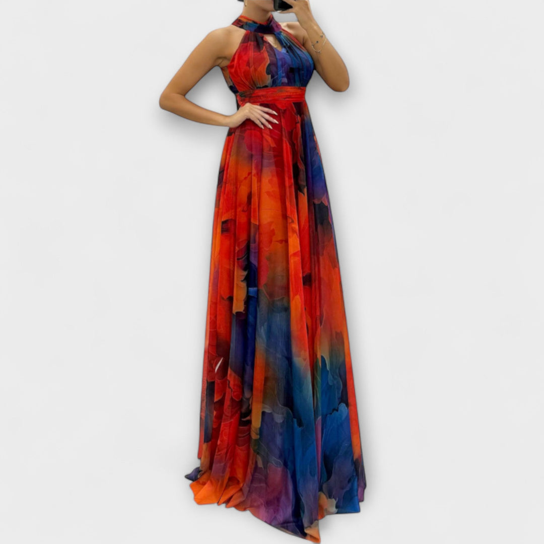 Isalie - Vestido maxí de chiffon rosa con estampado floral