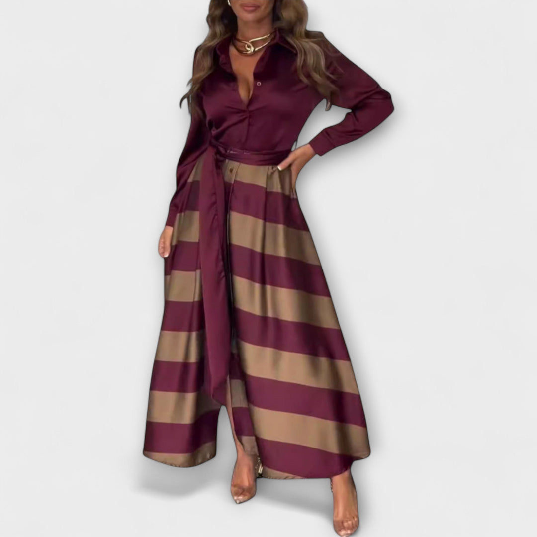 Hedda - Vestido de camisa a rayas burdeos con cinturón