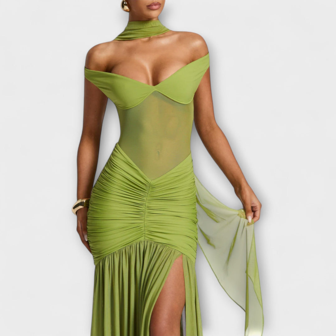 Therese - Vestido verde con abertura y drapeado elegante