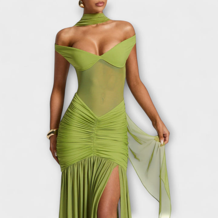 Therese - Vestido verde con abertura y drapeado elegante
