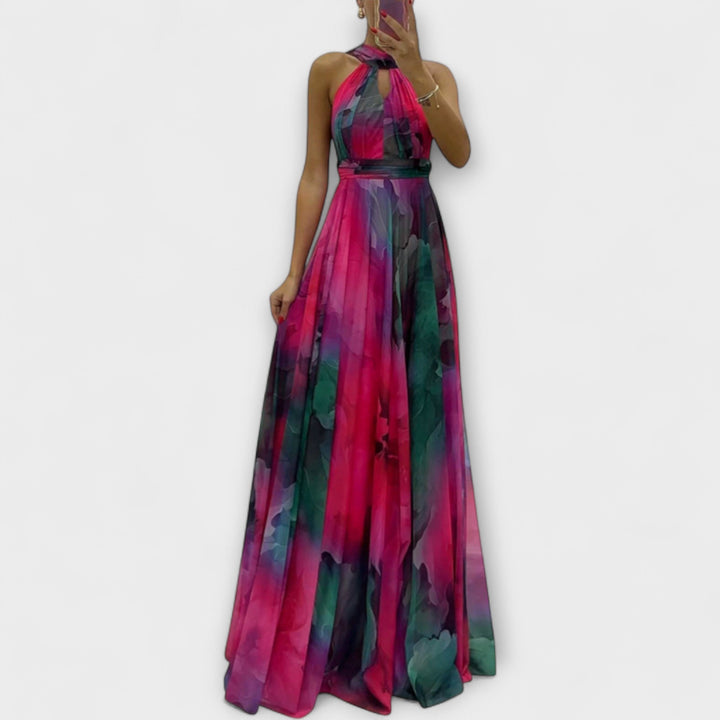 Isalie - Vestido maxí de chiffon rosa con estampado floral