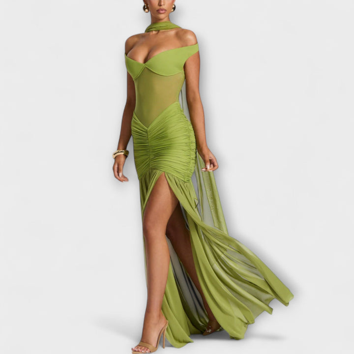 Therese - Vestido verde con abertura y drapeado elegante