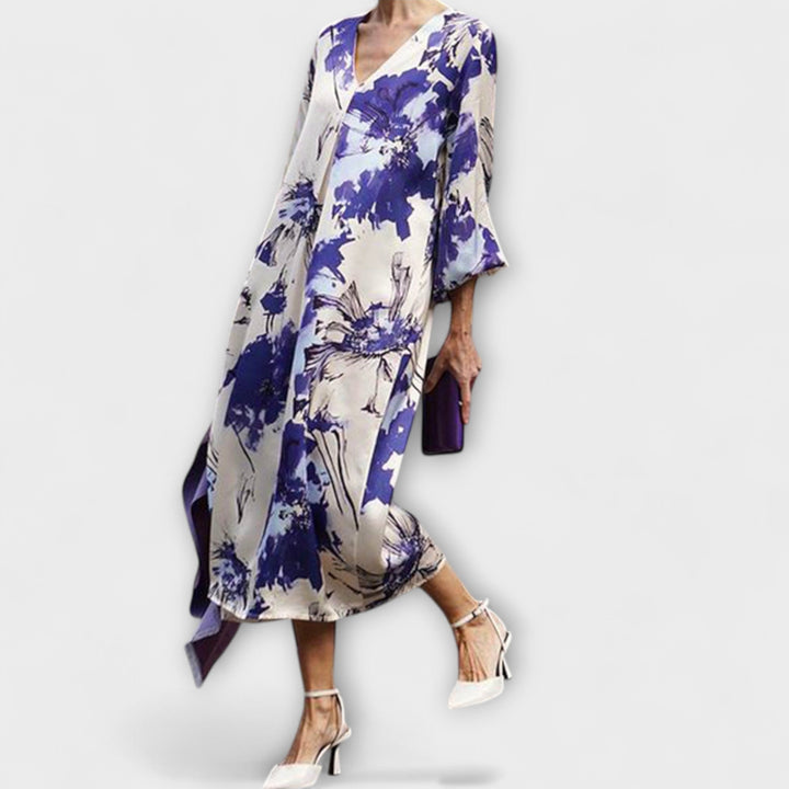 María - Vestido blanco y lila con estampado de flores