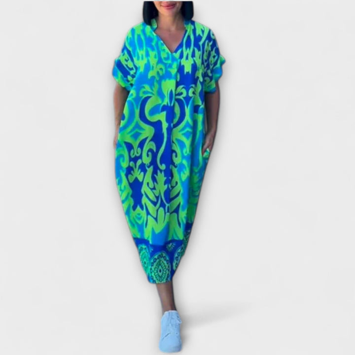 Elena - Vestido elegante de flores en azul y verde