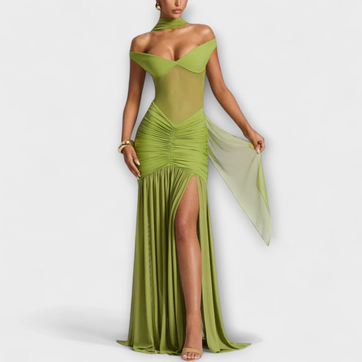 Therese - Vestido verde con abertura y drapeado elegante
