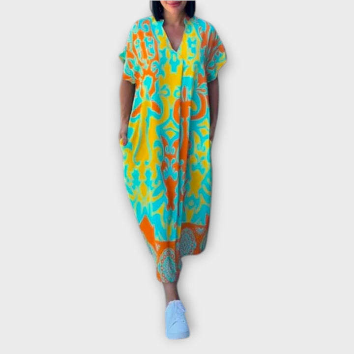 Elena - Vestido elegante de flores en azul y verde