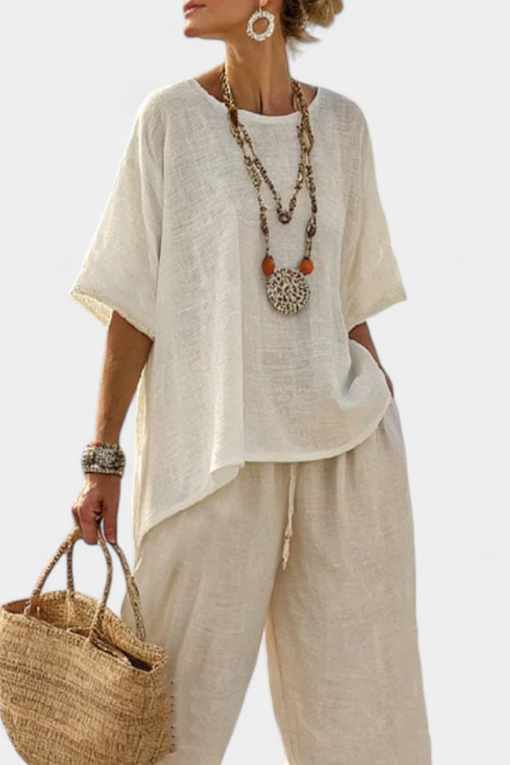 Catarina - Conjunto minimalista de lino en tonos beige