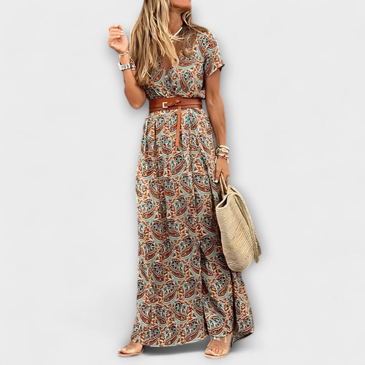 Sybella - Vestido boho-max con flores silvestres en tonos beige