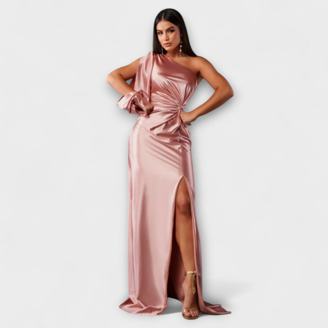 Elisa - Vestido de un solo hombro en color petróleo con fruncidos