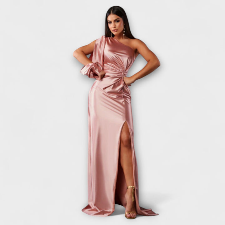 Elisa - Vestido de un solo hombro en color petróleo con fruncidos