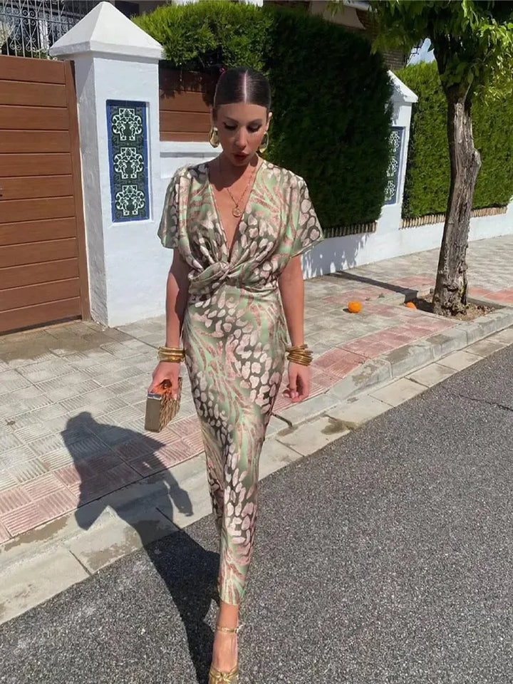 Higinia - Vestido midi estampado en tonos cobre