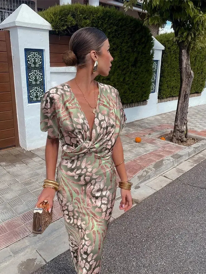 Higinia - Vestido midi estampado en tonos cobre