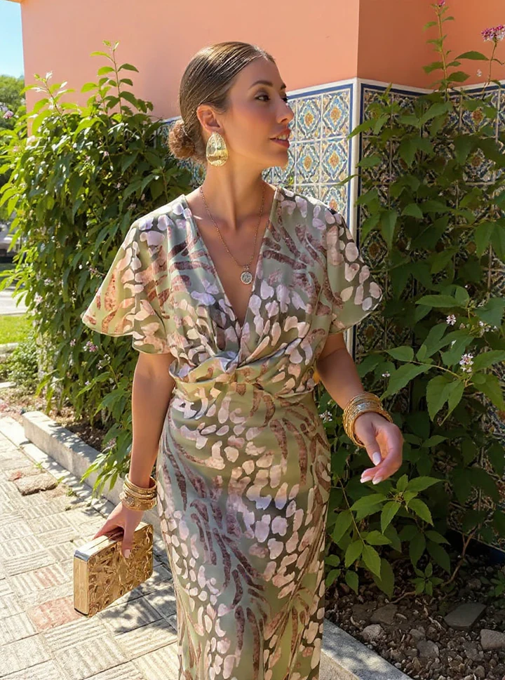 Higinia - Vestido midi estampado en tonos cobre