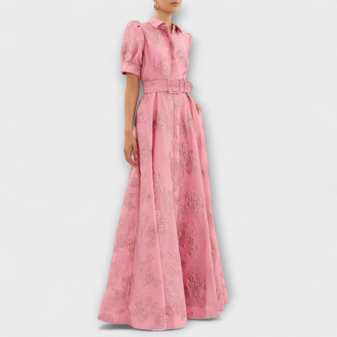 Anabella - Vestido maxí rosa con mangas cortas abullonadas
