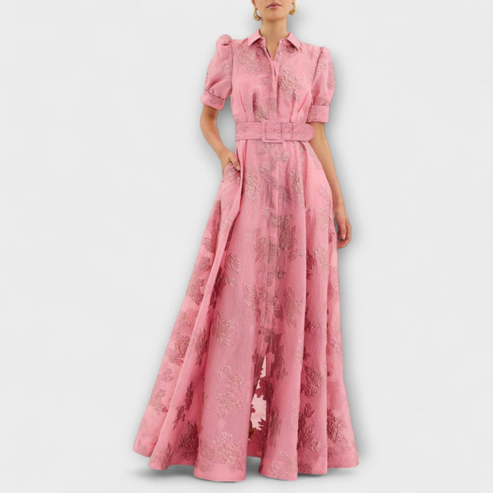 Anabella - Vestido maxí rosa con mangas cortas abullonadas
