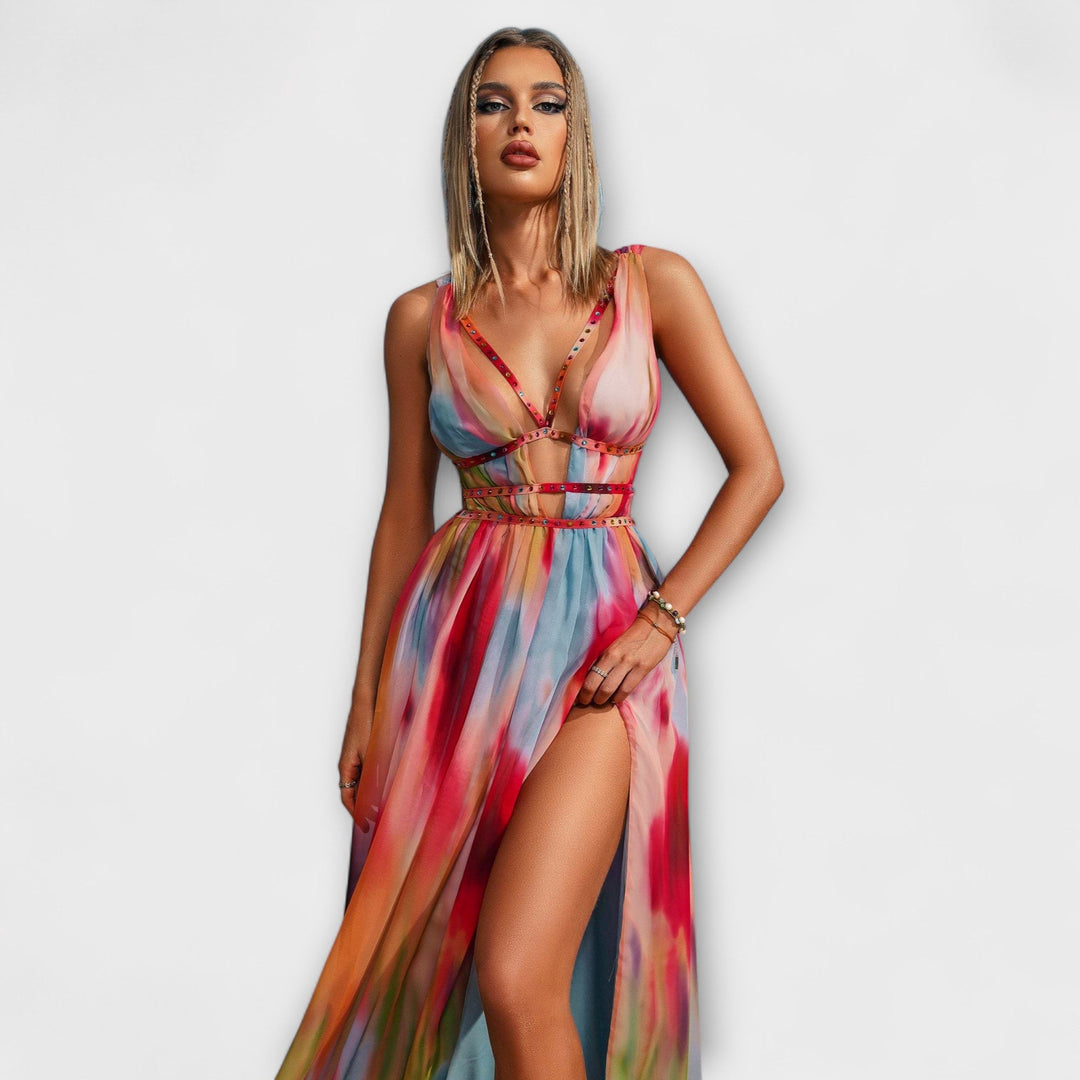 Freya - Vestido maxí colorido con estampado de acuarela